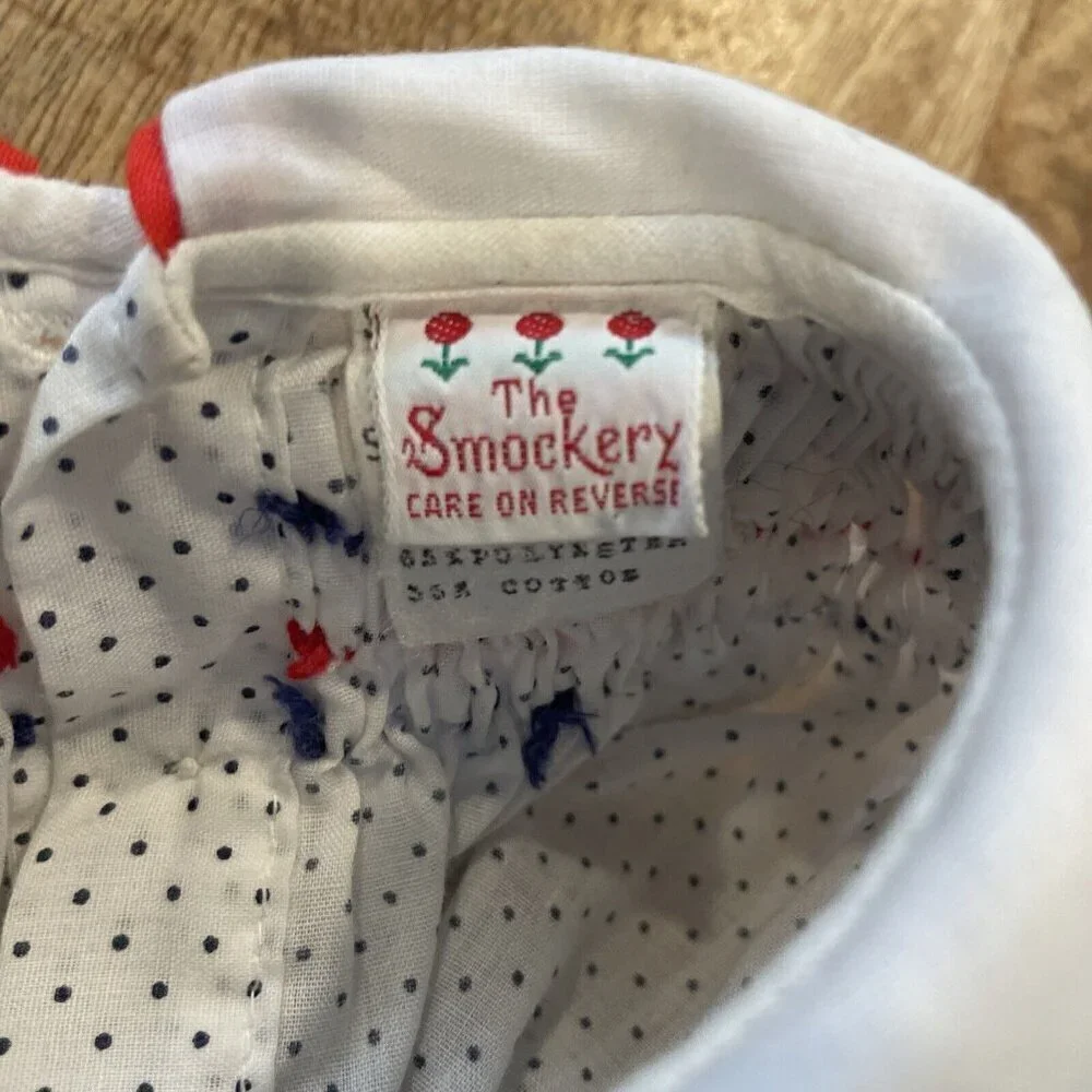 Vintage The Smockery Red White Polka Dot Smocked Dress Size Puff Sleeves 3-6M